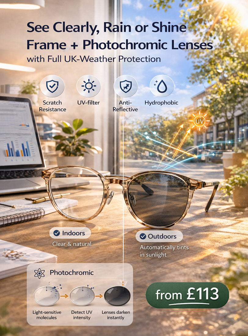 Sunglasses with photochromic lenses on a desk with a laptop, showing indoor and outdoor functionality.