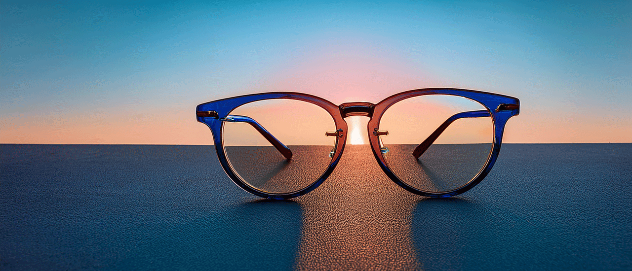 Blue-framed glasses on a reflective surface with a sunset or sunrise in the background